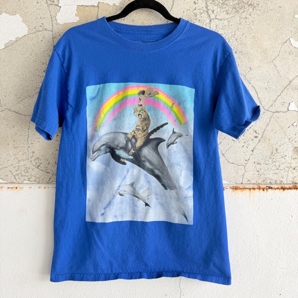 Cat Riding Dolphin Tee Rainbow Cowboy Hat Funny Humor Meme T Shirt Mens M